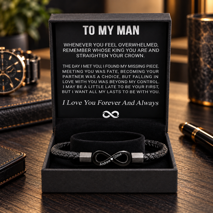 To My Man Engraved Braided Leather Bracelet
