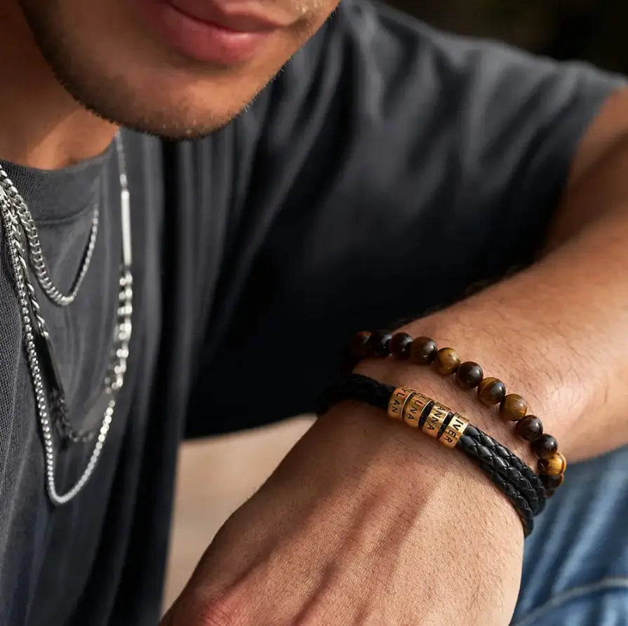 Personalized Leather Beads Bracelet for Men Clara Bloom