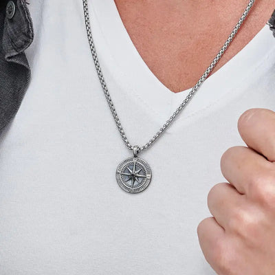 Engraved Silver Compass Necklace